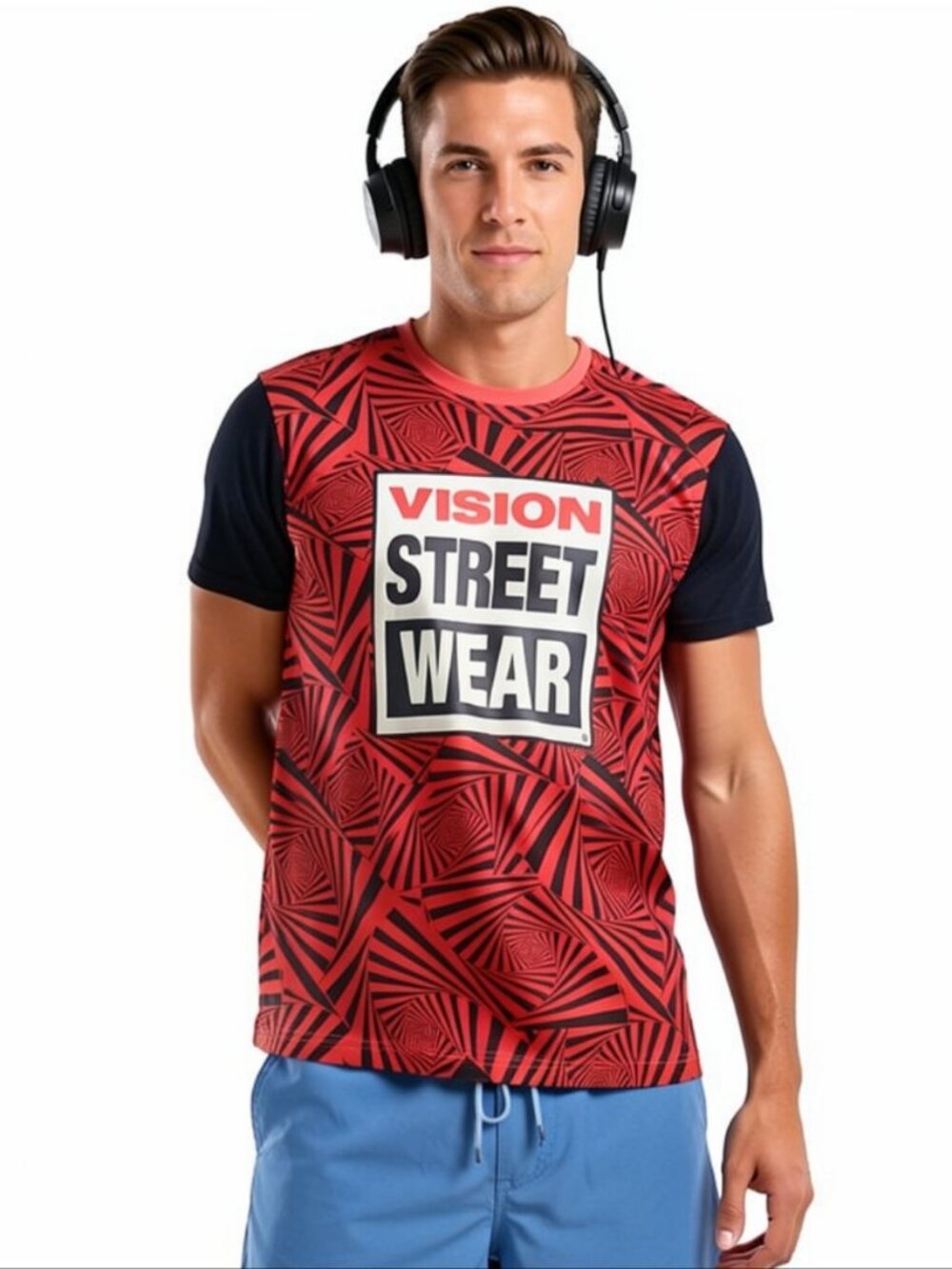 M👕VISION Streetwear Men’s Orange Graphic Short Black Sleeves Tee